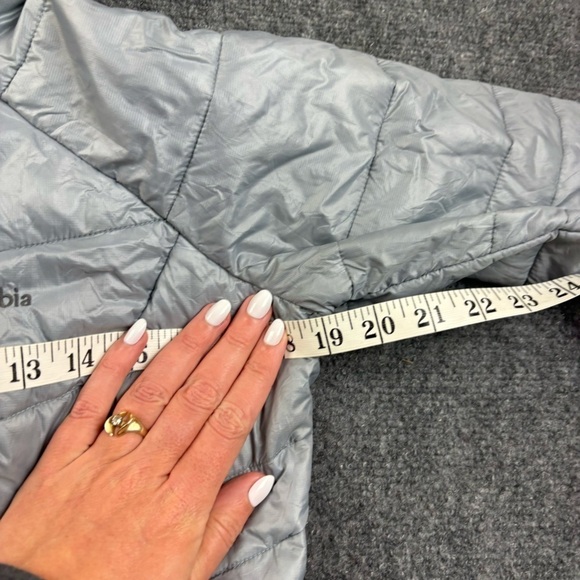 COLUMBIA Women’s Silver Puffer jacket Hooded Turbo Down 650TD Omni-heat Small - Picture 9 of 10